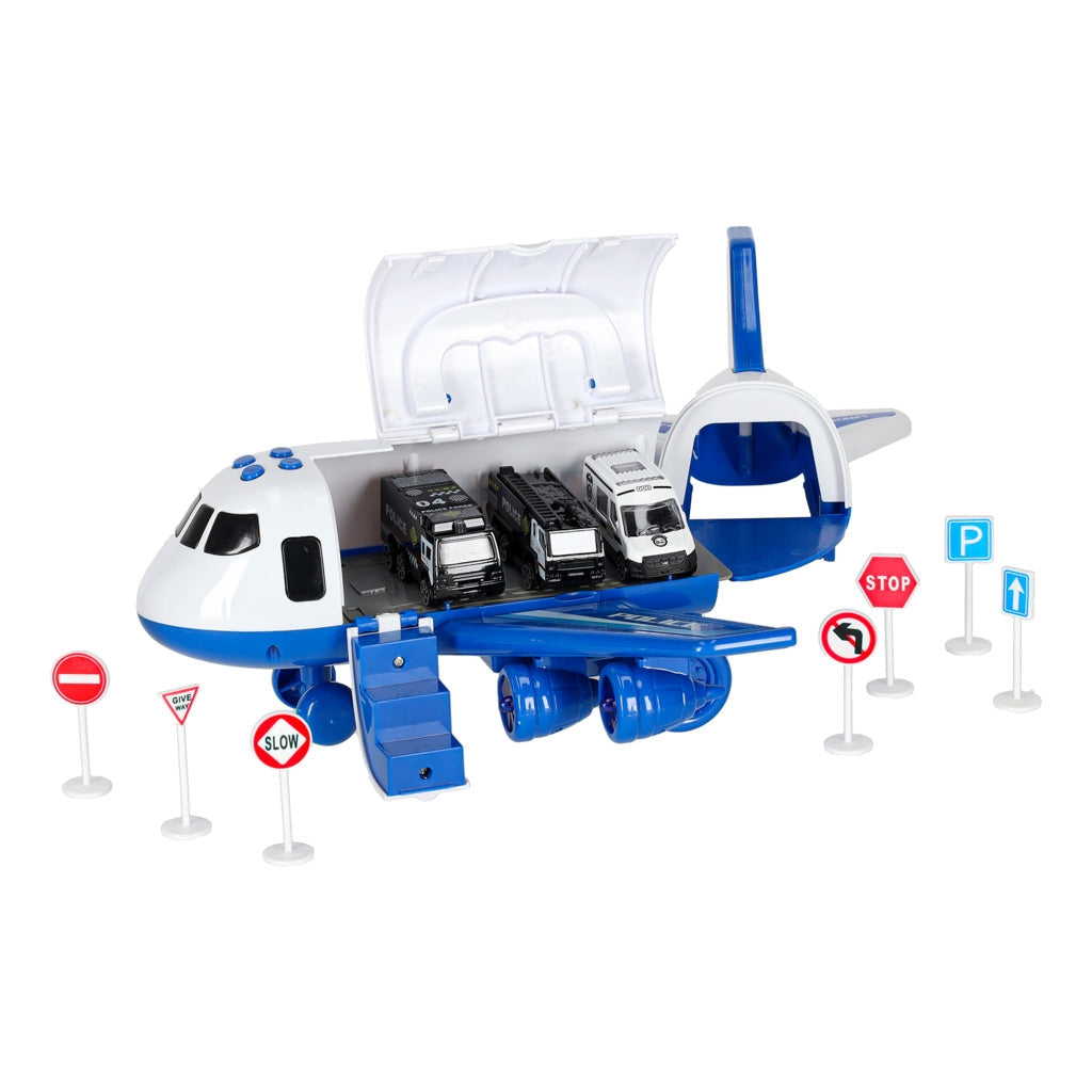 Polis transportflygplan leksak med 3 polisfordon, ljud/ljus, 7 skyltar