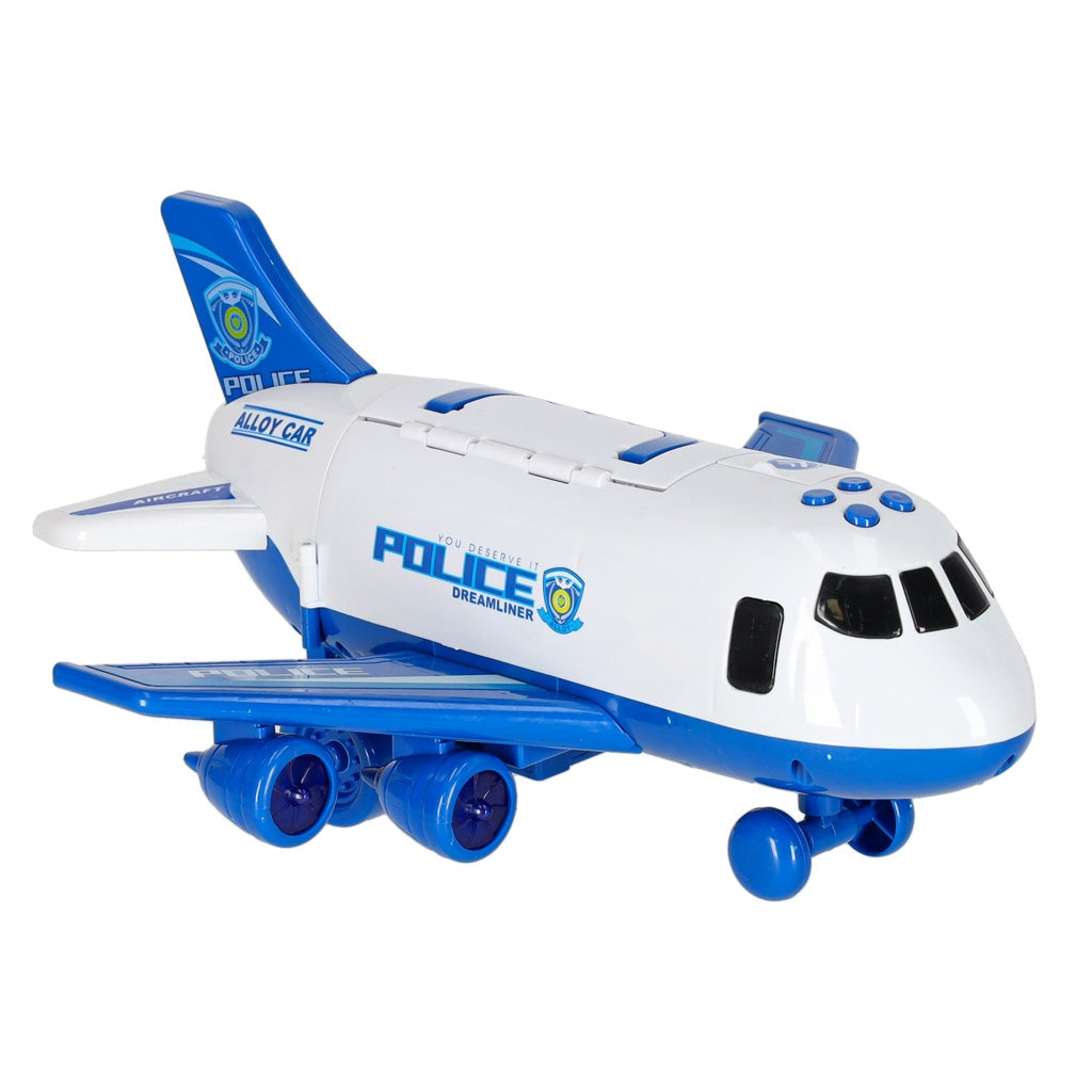 Polis transportflygplan leksak med 3 polisfordon, ljud/ljus, 7 skyltar