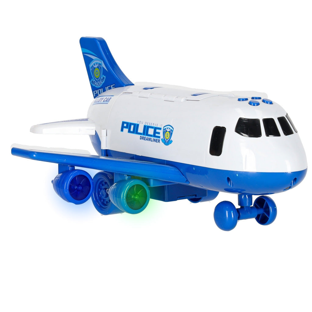 Polis transportflygplan leksak med 3 polisfordon, ljud/ljus, 7 skyltar