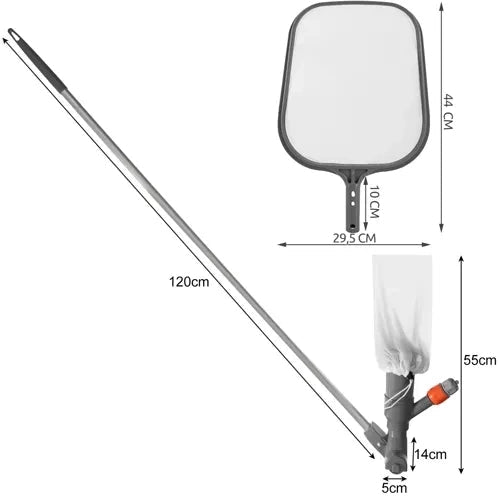 Poolstädningsset med vattendriven dammsugare & håv, teleskopstång 120 cm