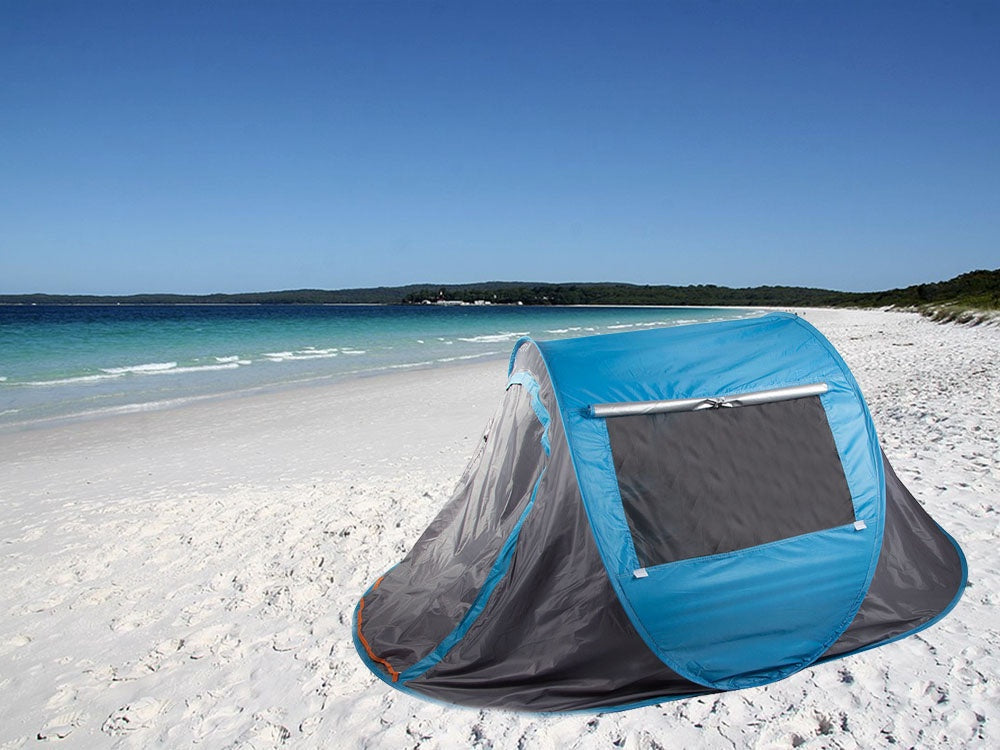 Pop-up strandtält UV-skydd med fönster/dragkedja gråblå 210x130