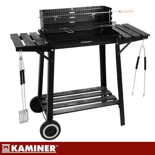 Portabel kolgrill med lock, rotisserie och övergrill 93x41x86 cm