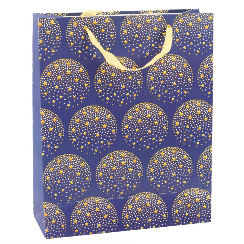 Presentpåse 32x26x12 cm marinblå med guldstjärnor, satinhantag 1-pack