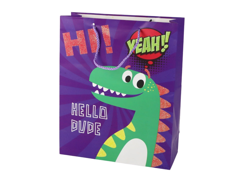 Presentpåse dinosaurie lila med glitter 41,5x30x12 cm