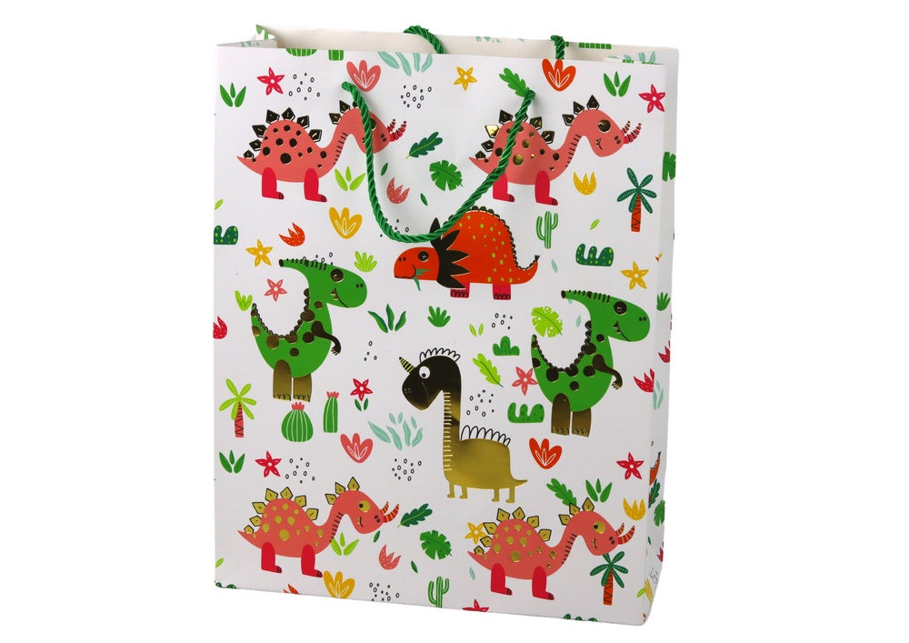 Presentpåse dinosauriemotiv papper vit med guld detaljer 32x26x10 cm