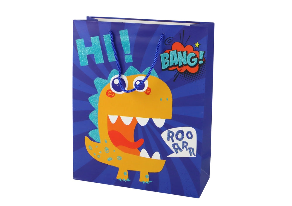 Presentpåse i papper dinosaurmotiv marinblå med glitter 41,5x30x12 cm