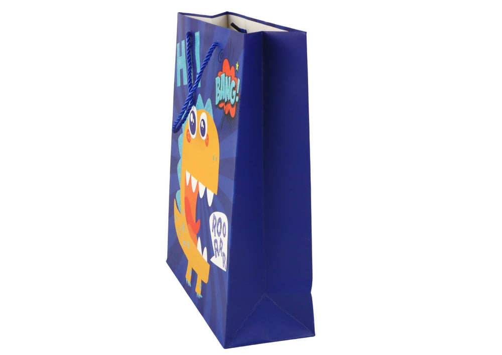 Presentpåse i papper dinosaurmotiv marinblå med glitter 41,5x30x12 cm