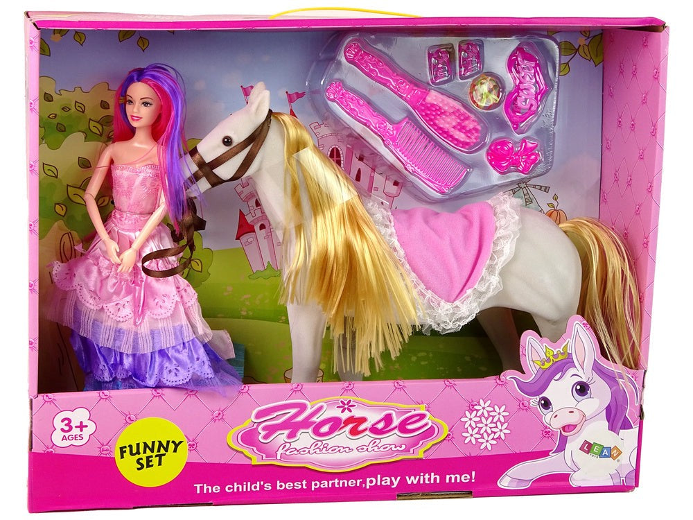Prinsessdocka 30 cm med vit ponny 34 cm set med kam, borste & clips