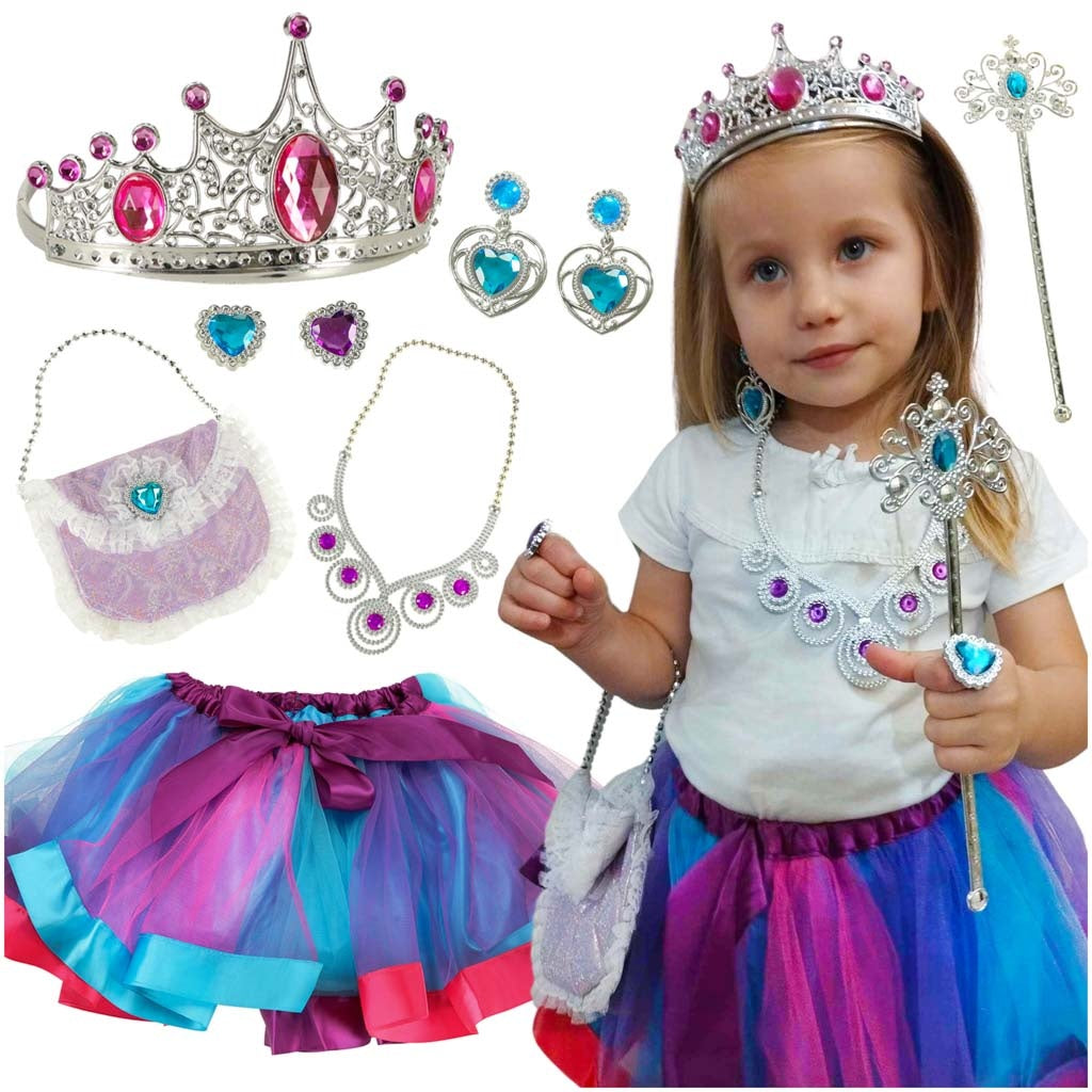 Prinsesskostym barn 9-delars set med tutu, krona, tiara & smycken