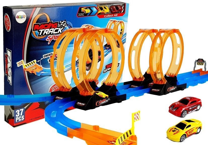 Racerbana med 4 loopar och dragback-bilar, 37 delar, 181 cm, 3+