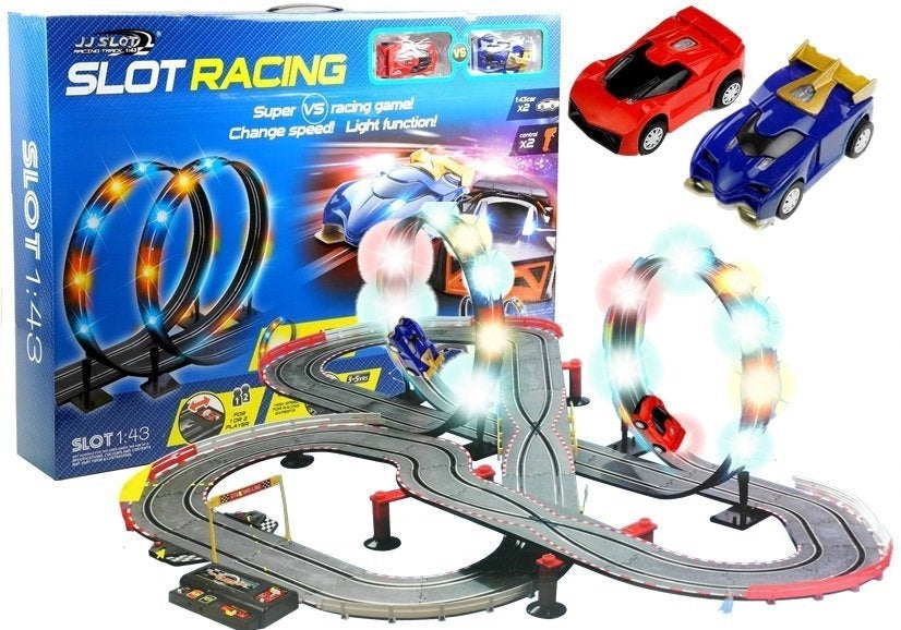 Racerbana slotcar set med 2 bilar 1:43, loopar, LED, varvräknare