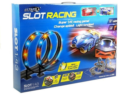 Racerbana slotcar set med 2 bilar 1:43, loopar, LED, varvräknare