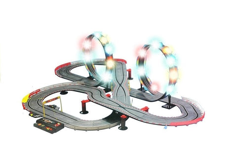 Racerbana slotcar set med 2 bilar 1:43, loopar, LED, varvräknare