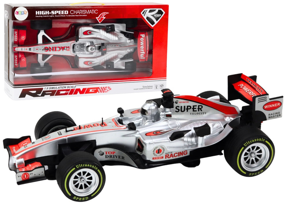 Racerbil leksak 46 cm silver 1:9 med ljus/ljud och pull-back