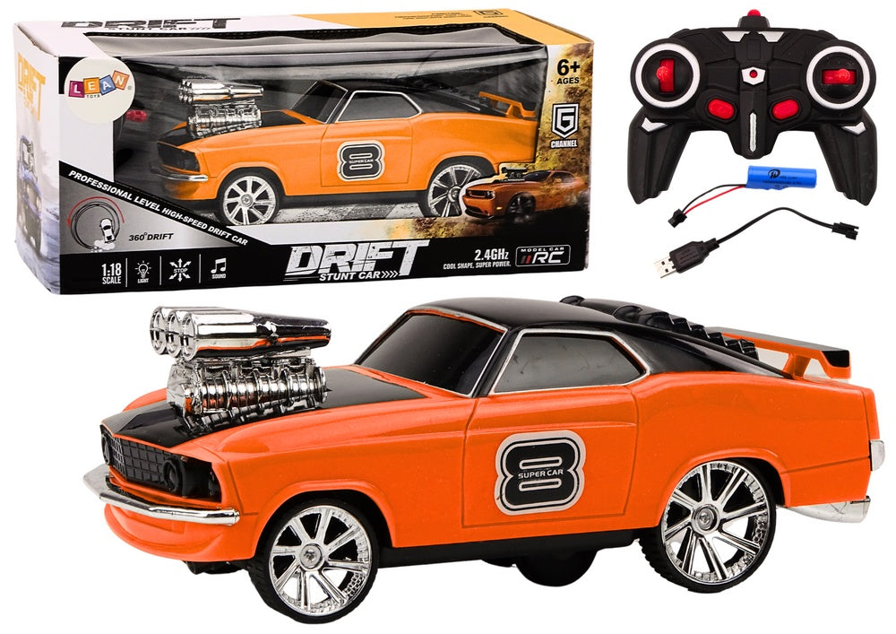 Radiostyrd driftbil 1:18 2,4 GHz med ljus/ljud orange 360° drift