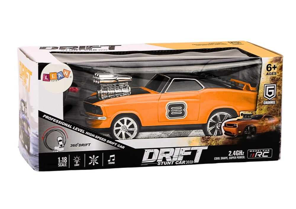 Radiostyrd driftbil 1:18 2,4 GHz med ljus/ljud orange 360° drift