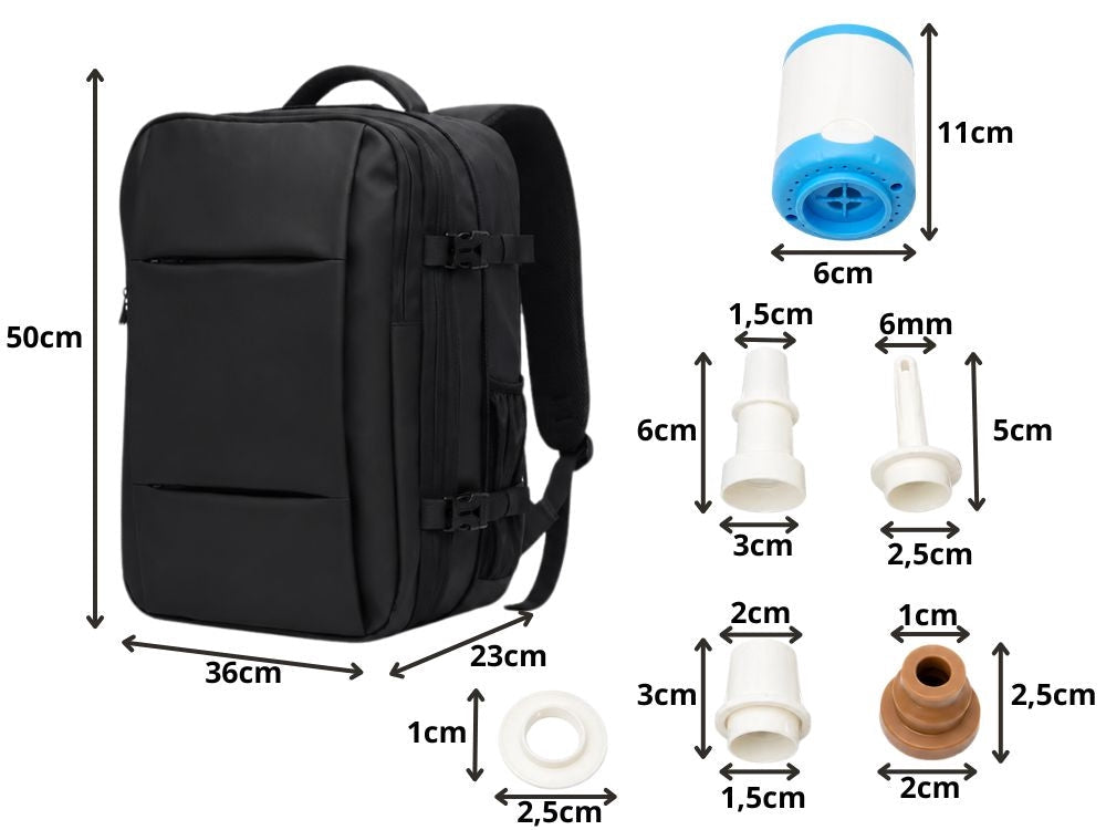 Reseryggsäck 50x36x23 cm med vakuumpump, vakuoficka & laptopfack, svart