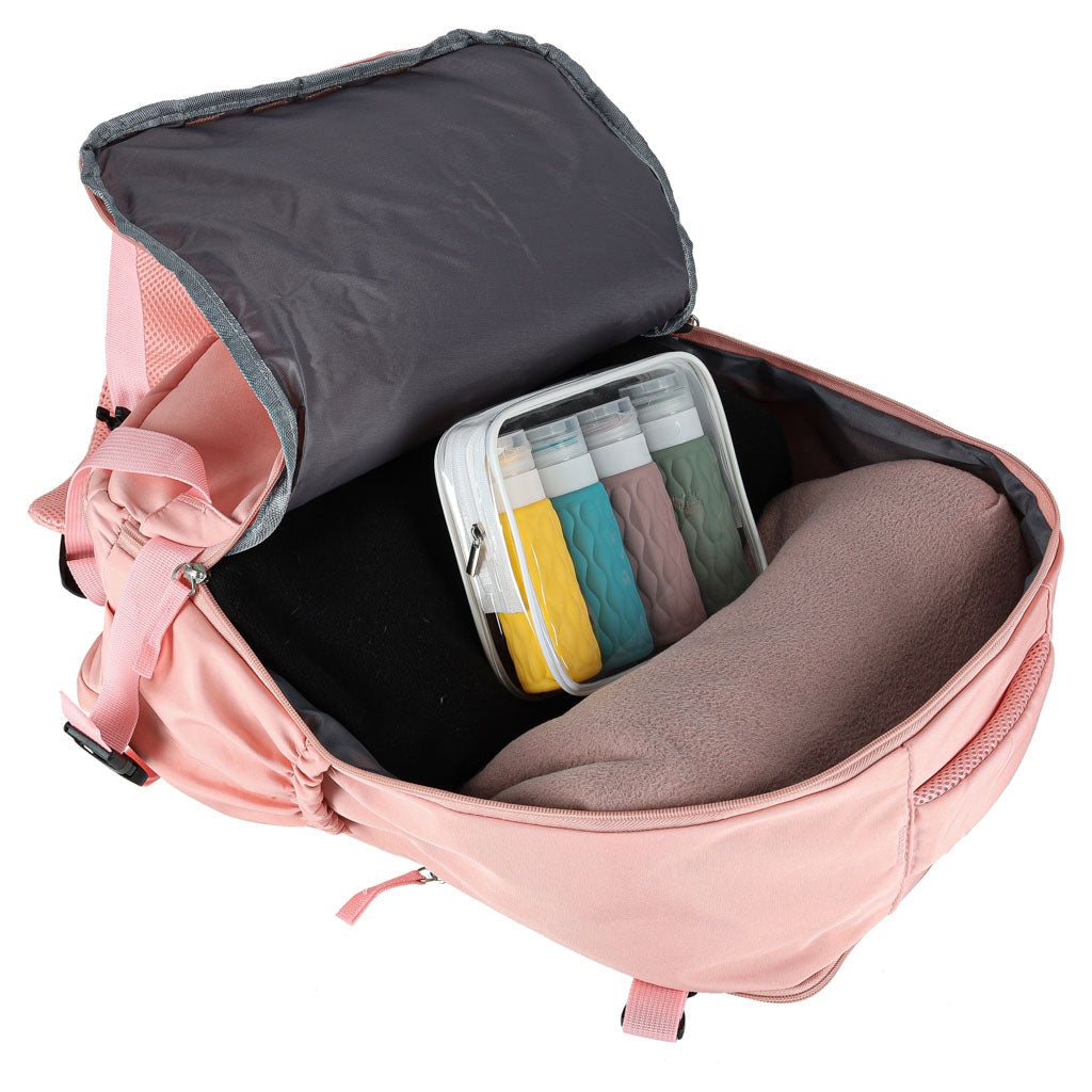 Reseryggsäck rosa 45x30 cm 3 fack med utvidgbart bottenfack