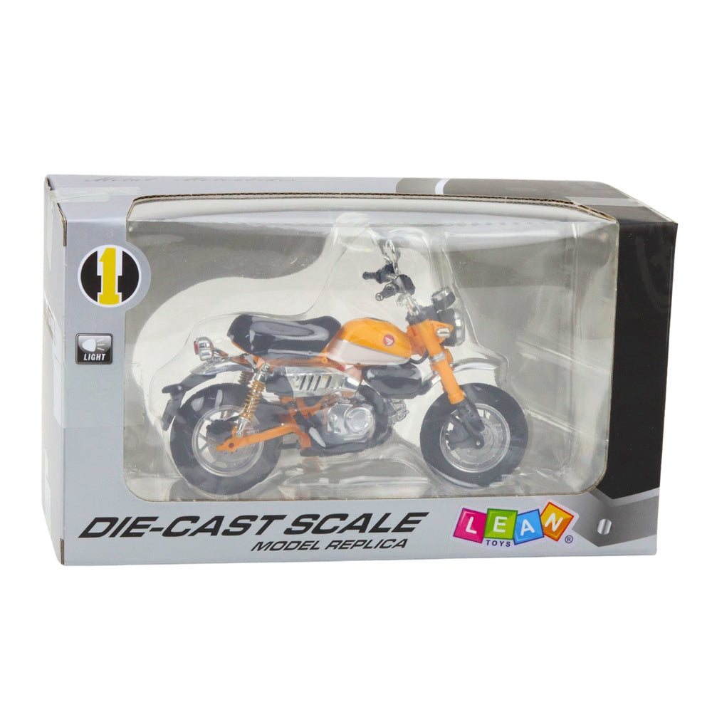 Retro motorcykelmodell i metall/plast gul 14,5 cm med ljus 3x AG13