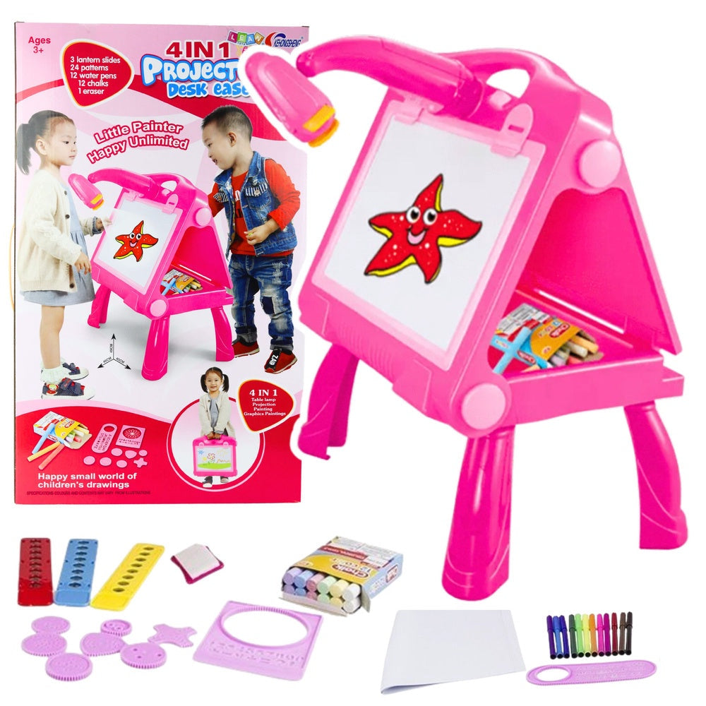Ritbord med projektor 2-i-1 rosa, 24 motiv, 12 pennor + 12 kritor