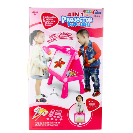 Ritbord med projektor 2-i-1 rosa, 24 motiv, 12 pennor + 12 kritor
