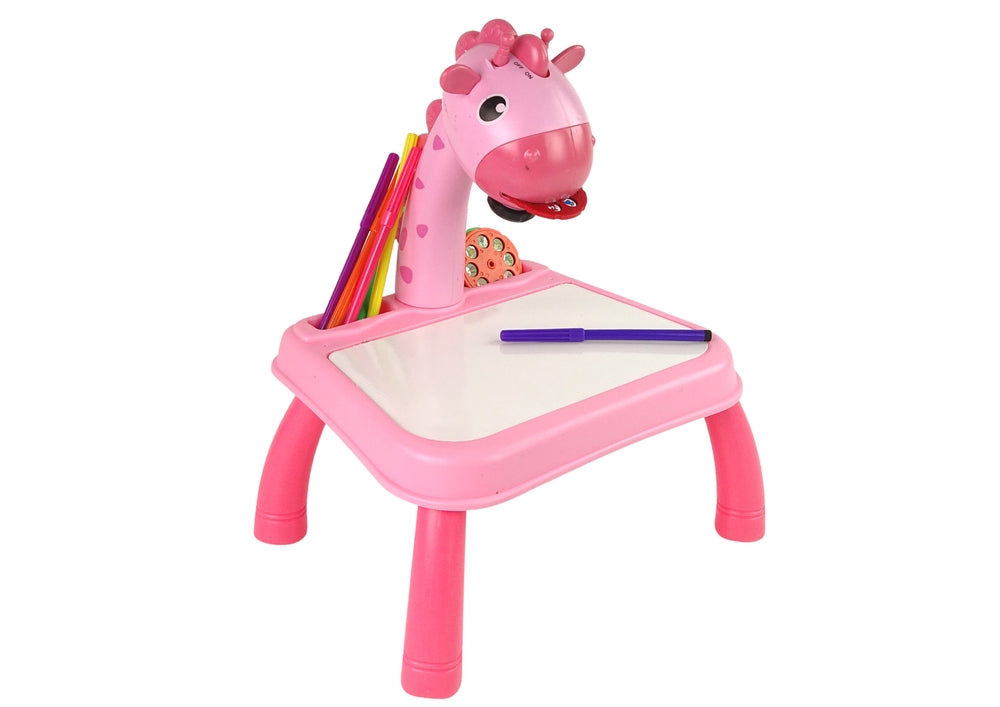 Ritprojektor dinosaurie med bord, 12 markörer, 24 motiv, rosa