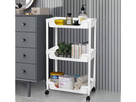 Rullhylla 3 hyllplan med hjul och 2 krokar vit 68x40x22 cm