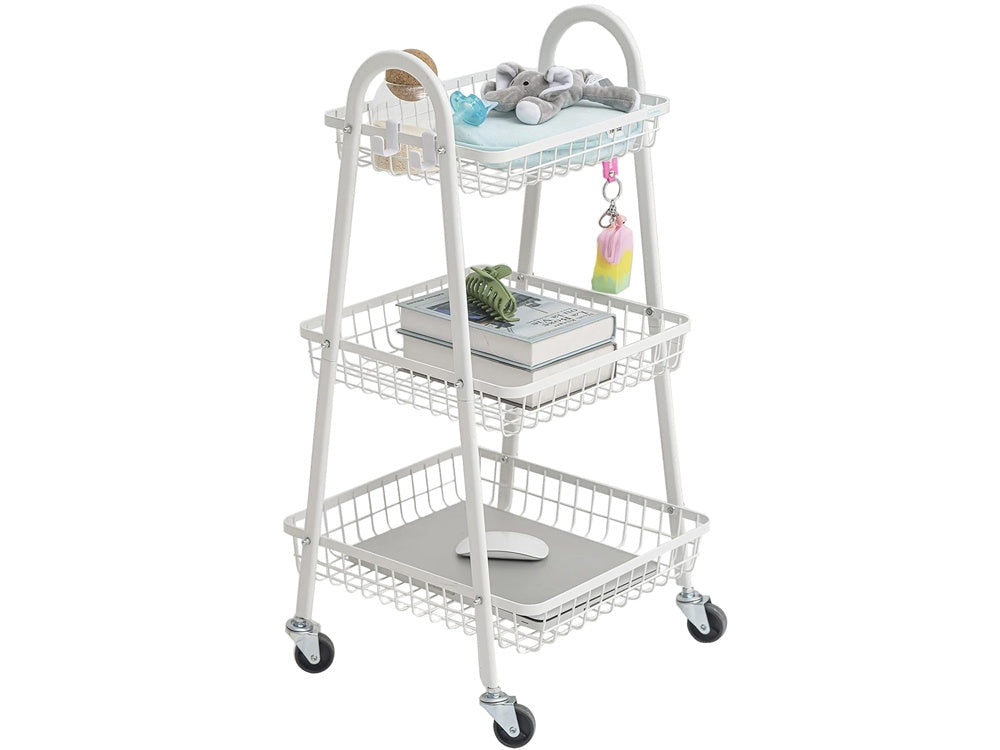 Rullvagn 3 hyllplan metall vit med hjul 78x40x32 cm