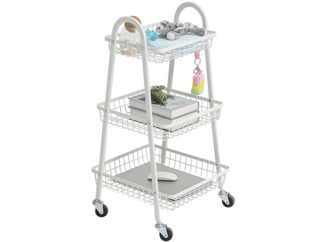 Rullvagn 3 hyllplan metall vit med hjul 78x40x32 cm