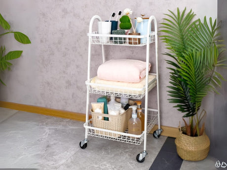 Rullvagn 3 hyllplan metall vit med hjul 78x40x32 cm
