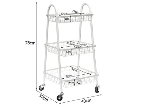 Rullvagn 3 hyllplan metall vit med hjul 78x40x32 cm