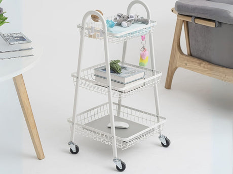 Rullvagn 3 hyllplan metall vit med hjul 78x40x32 cm