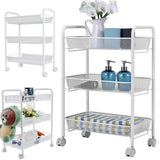 Rullvagn i metall 3 hyllor med hjul och 4 krokar vit 64x44x27
