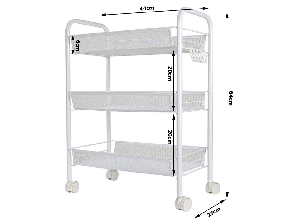 Rullvagn i metall 3 hyllor med hjul och 4 krokar vit 64x44x27