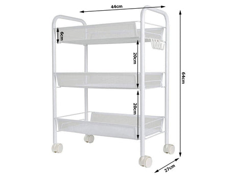 Rullvagn i metall 3 hyllor med hjul och 4 krokar vit 64x44x27