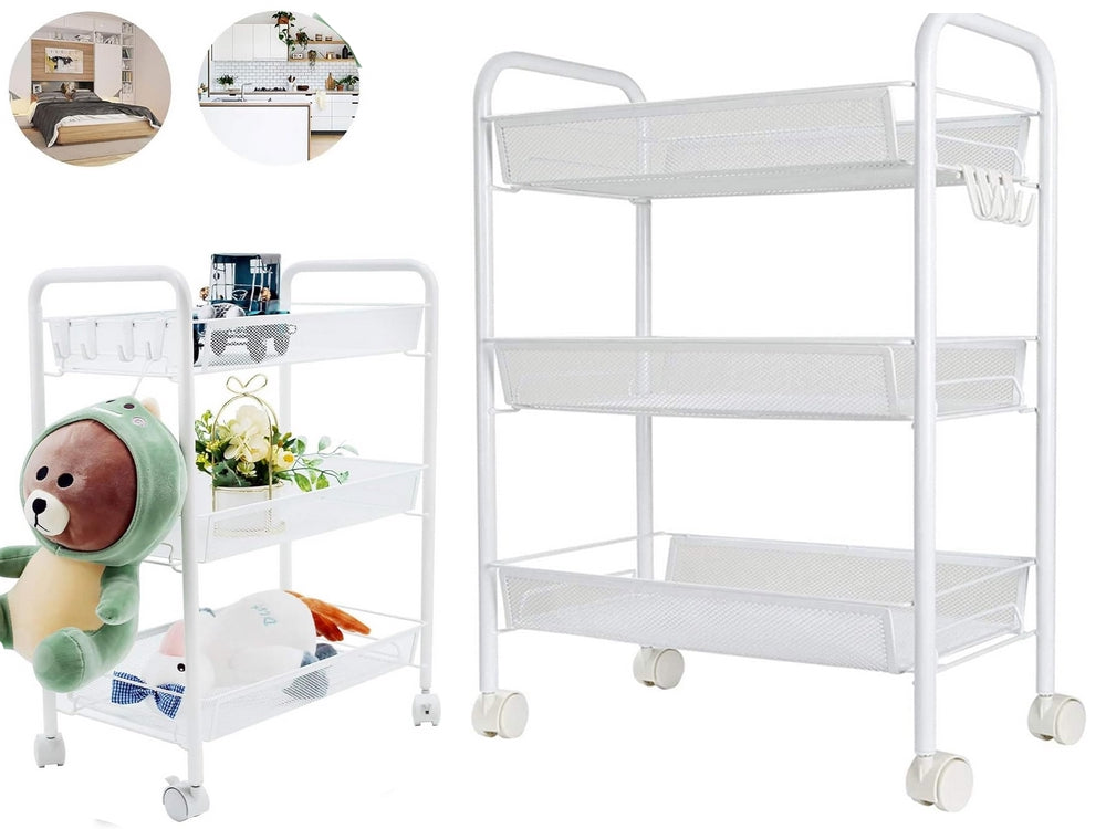 Rullvagn i metall 3 hyllor med hjul och 4 krokar vit 64x44x27