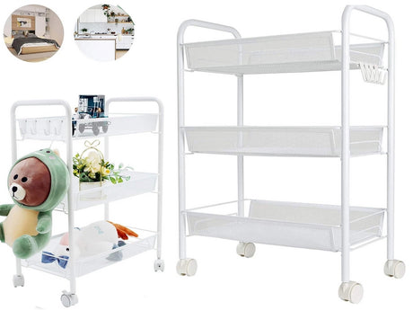 Rullvagn i metall 3 hyllor med hjul och 4 krokar vit 64x44x27