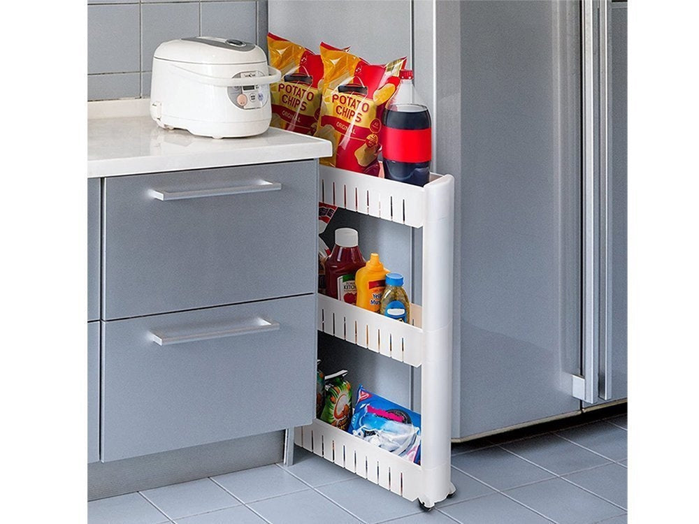 Rullvagn smal med hjul 3 hyllor vit 72x12,5x54,5 cm