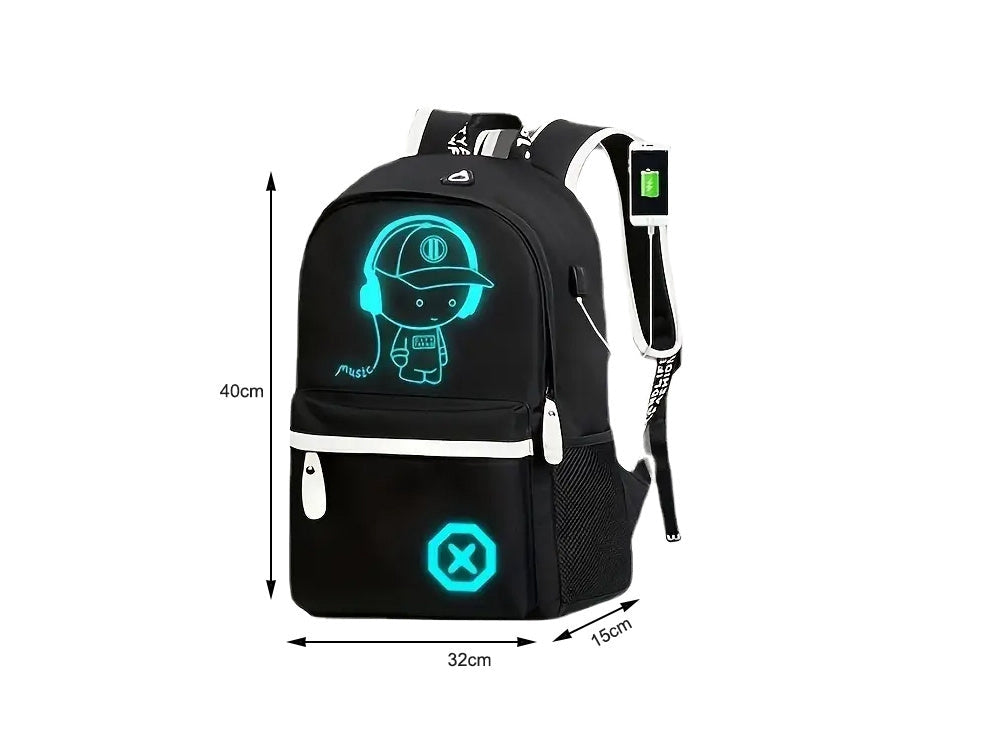 Ryggsäck ungdom med USB-uttag reflekterande svart 40x32x15 cm
