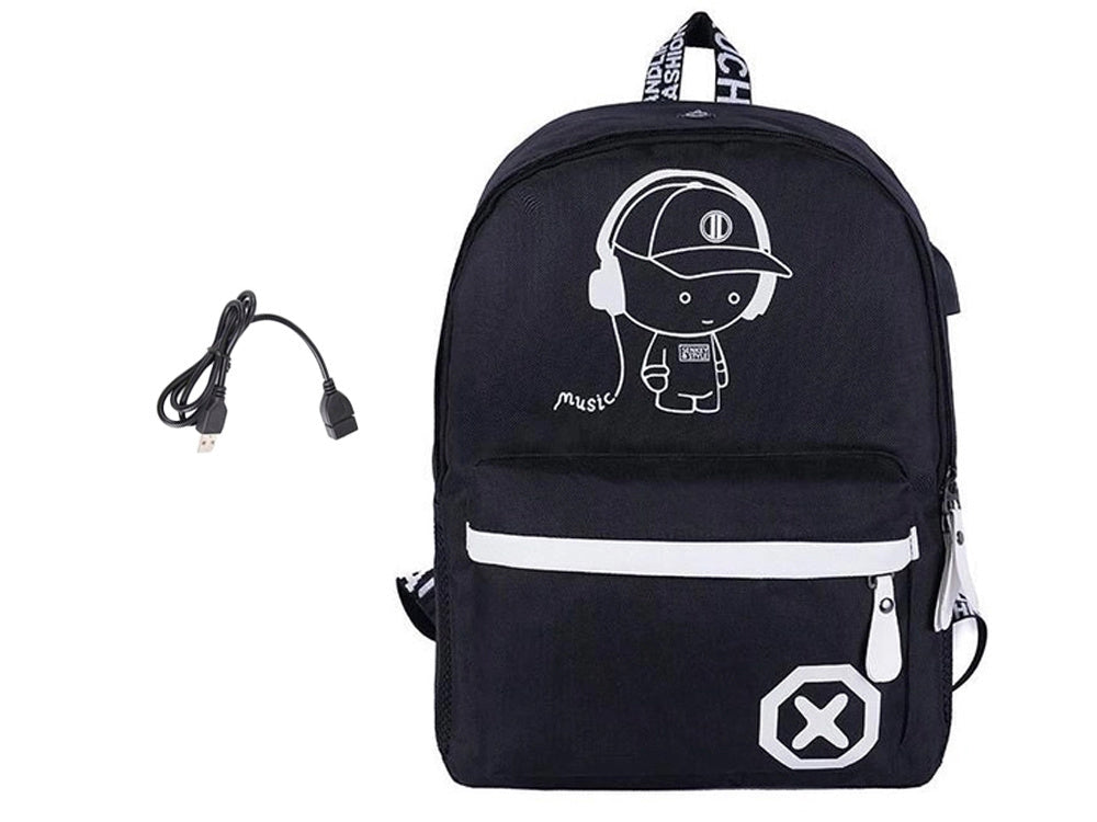 Ryggsäck ungdom med USB-uttag reflekterande svart 40x32x15 cm