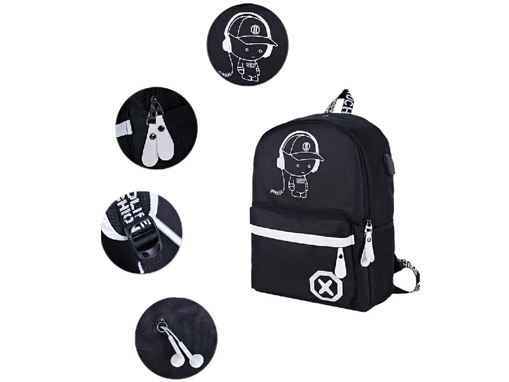 Ryggsäck ungdom med USB-uttag reflekterande svart 40x32x15 cm