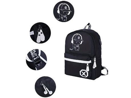 Ryggsäck ungdom med USB-uttag reflekterande svart 40x32x15 cm