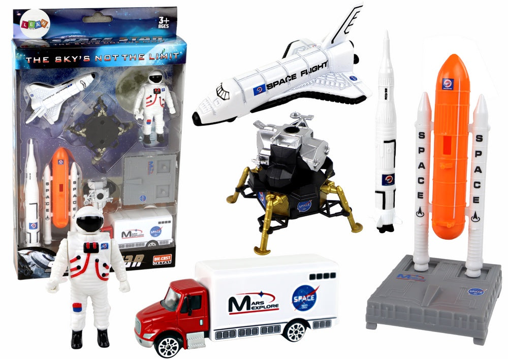 Rymdleksaksset med astronaut, rymdskepp, raketuppskjutare & 2 raketer