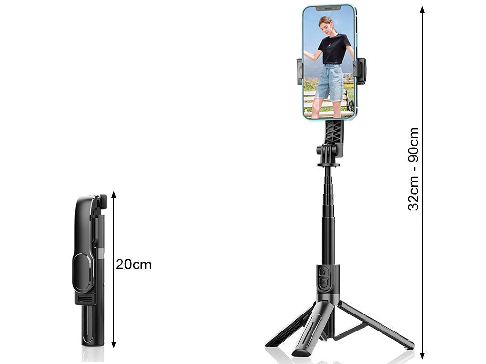 Selfiestick med tripod och Bluetooth-fjärr, aluminium svart 20–90 cm