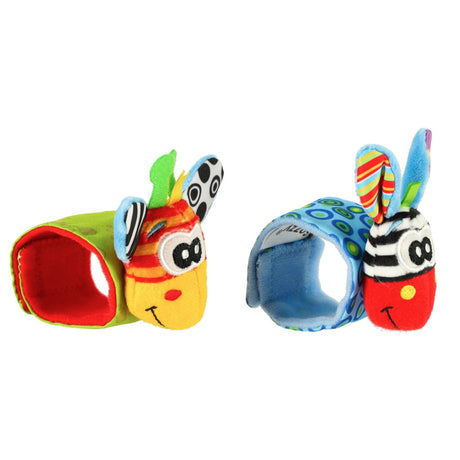 Sensoriska armband med skallra och prassel 2-pack blå/grön 15 cm