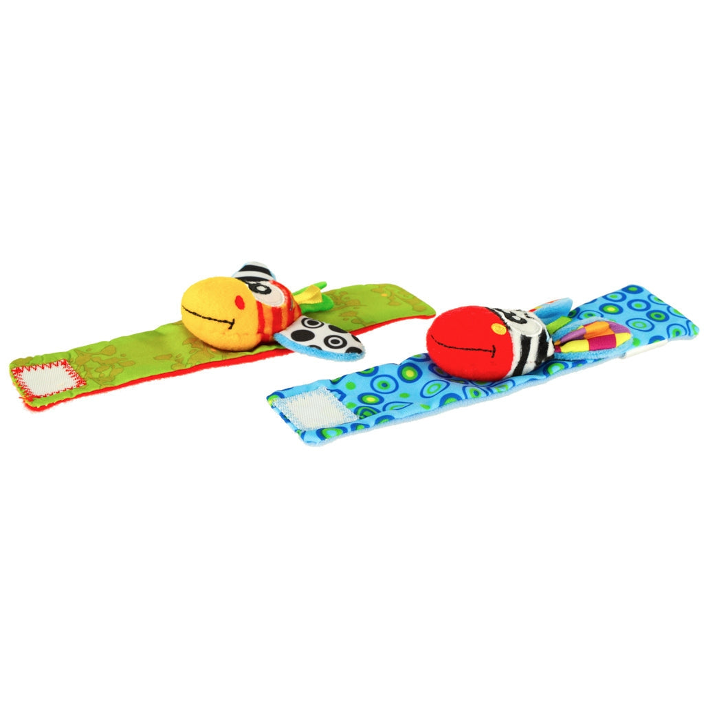 Sensoriska armband med skallra och prassel 2-pack blå/grön 15 cm