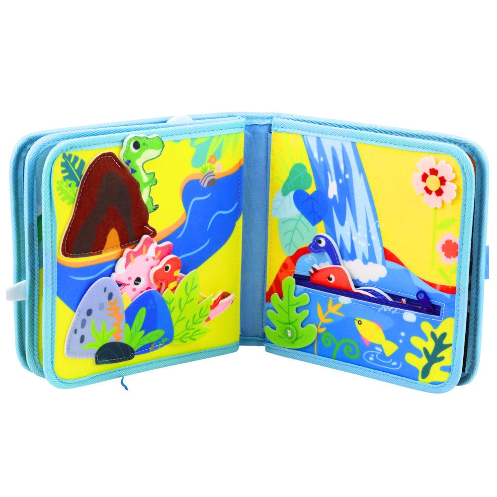 Sensorisk aktivitetsbok i filt dinosaurier 21x21 cm med rörliga delar