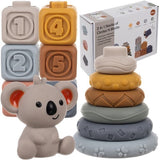 Sensoriska mjuka byggklossar i PVC 12 delar med koala & texturskivor