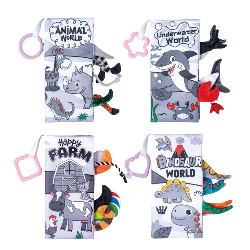 Sensoriska tygböcker baby 0+ med prassel och handtag, 4-pack