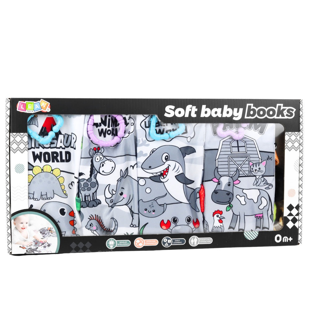 Sensoriska tygböcker baby 0+ med prassel och handtag, 4-pack
